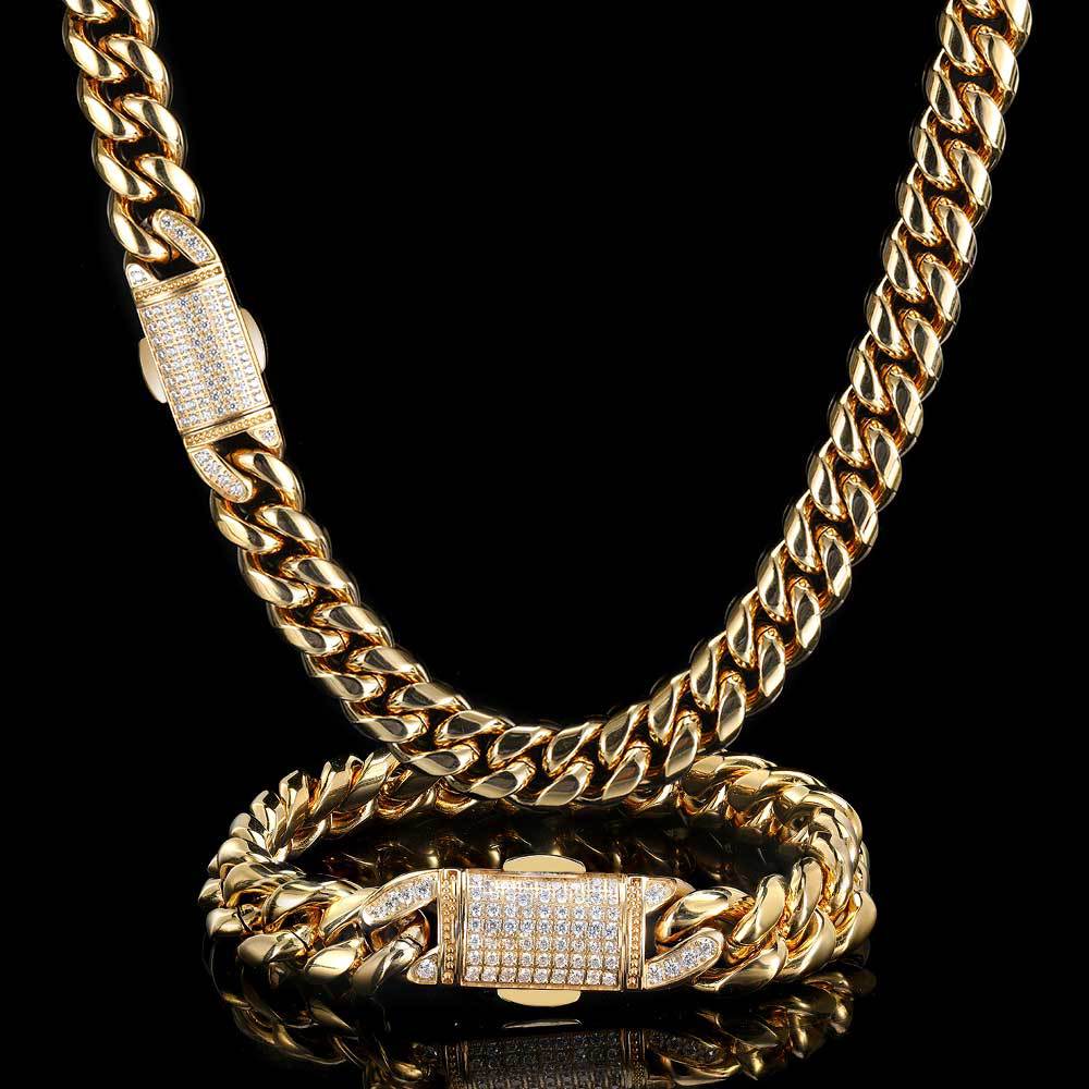 12MM 18K/White Gold Iced Out Clasp Miami Cuban Link Chain Neclace