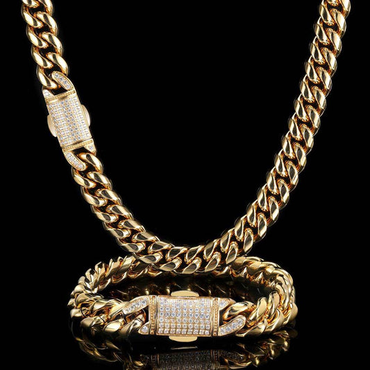 12MM 18K/White Gold Iced Out Clasp Miami Cuban Link Chain Necklace and Bracelet Set