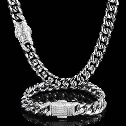 12MM 18K/White Gold Iced Out Clasp Miami Cuban Link Chain Neclace