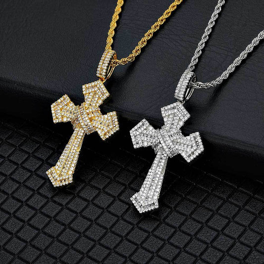 18K/White Gold Iced Out Sharp Corner Cross Pendant