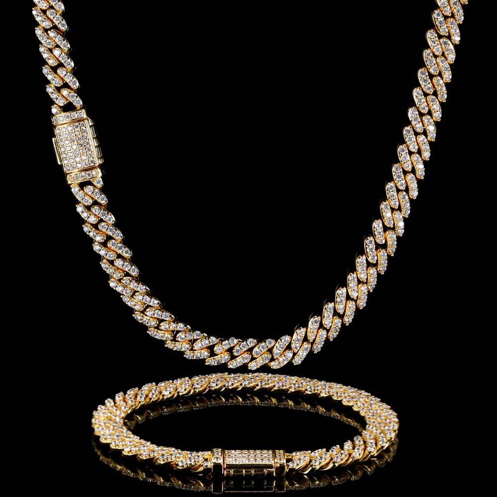 8MM 18K/White Gold Plated Iced Out Cuban Link Chain and Bracelet Set