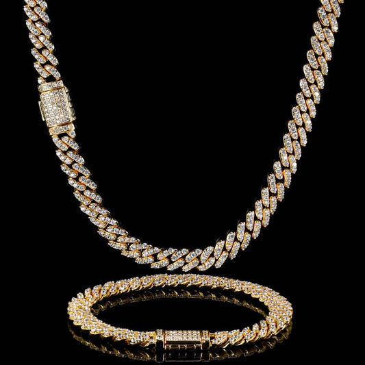 8MM 18K/White Gold Plated Iced Out Cuban Link Chain and Bracelet Set