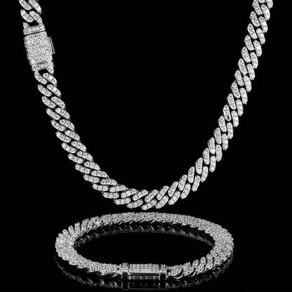 8MM 18K/White Gold Plated Iced Out Cuban Link Chain and Bracelet Set