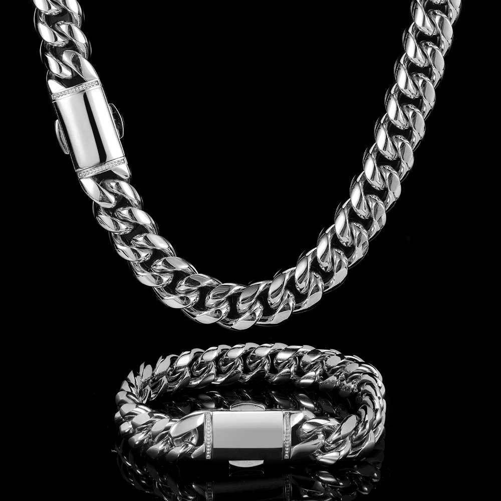 12MM 18k/White Gold Snap Fastener Miami Cuban Link Chain