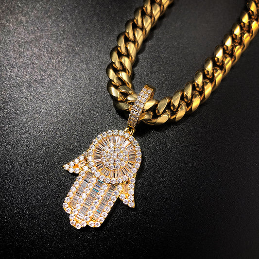 18K Gold Baguette Iced Out Hamsa Hand Pendant