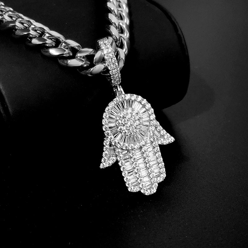 White Gold Baguette Iced Out Hamsa Hand Pendant With 8MM Miami Cuban Chain