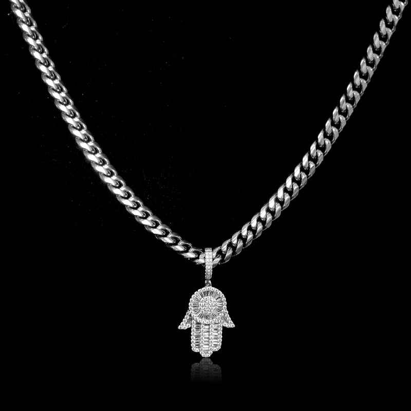 White Gold Baguette Iced Out Hamsa Hand Pendant With 8MM Miami Cuban Chain