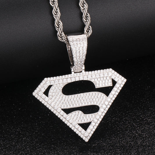 White Gold Iced Out Superman Pendant Stainless Steel Franco Chain Necklace