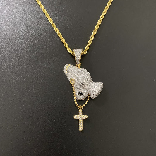 Hip Hop Prayer Hands with Zirconia Cross Pendant