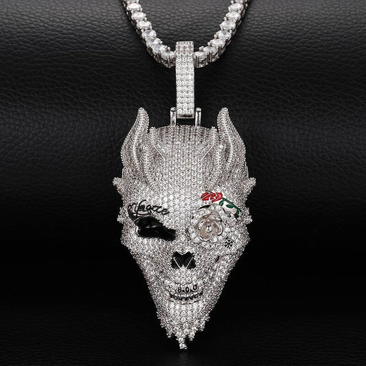 White Gold Diamond Rose Skull Pendant