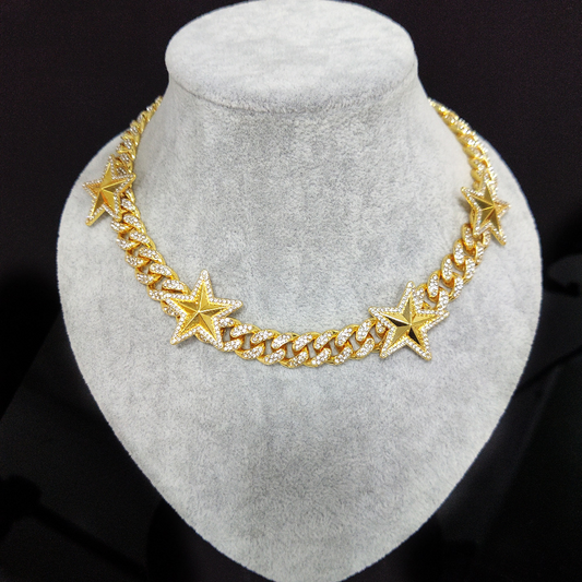 12MM 18K/White/Rose Gold Plated Star Iced Out  Cuban Link Chain Necklace