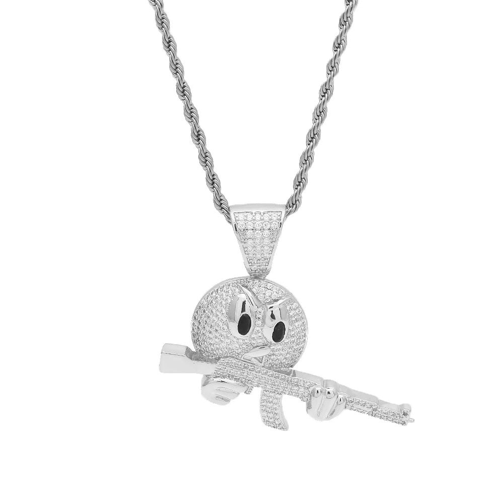 White Gold Iced Emiji Face with Gun Pendant