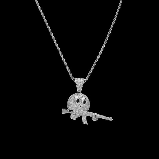 White Gold Iced Emiji Face with Gun Pendant