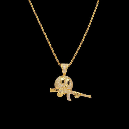 18K Gold Iced Emiji Face with Gun Pendant