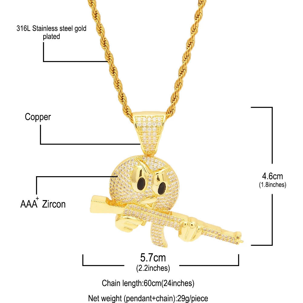 18K Gold Iced Emiji Face with Gun Pendant