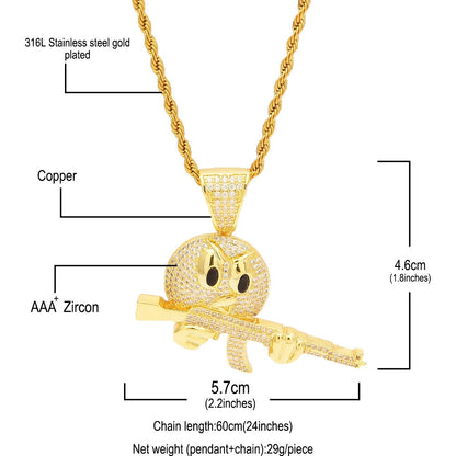 18K Gold Iced Emiji Face with Gun Pendant