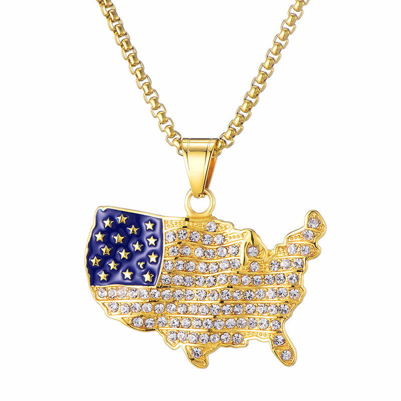 18K Gold Iced America Map Pendant