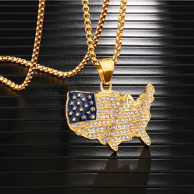 18K Gold Iced America Map Pendant