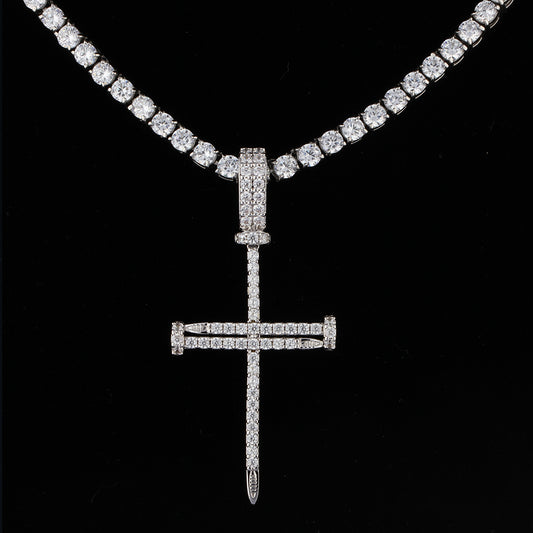 White Gold Iced Nail Cross Pendant