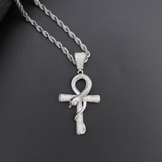 White Gold Iced Snakelike Cross Pendant