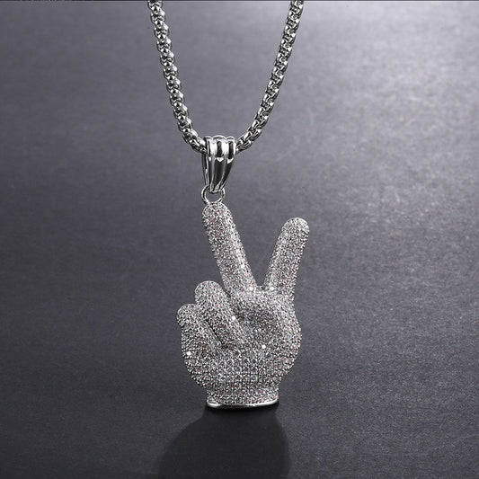 White Gold Iced Out Victory Hand Pendant