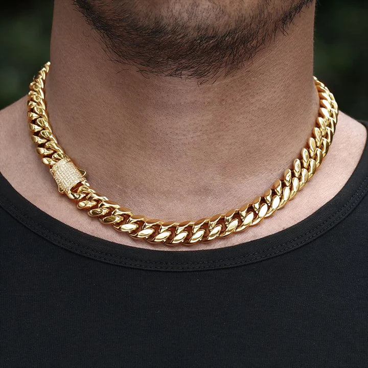 12MM 14K Gold Plated Iced Out Clasp Miami Cuban Link Chain And Bracelet Set Tripodjewelry