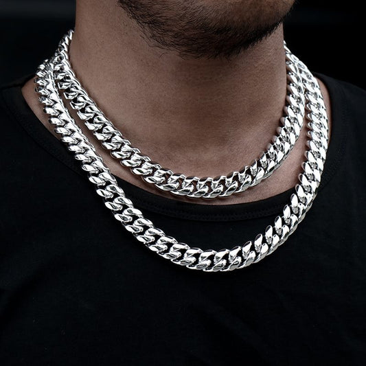 14MM White Gold Plated Miami Cuban Link Chain Necklace