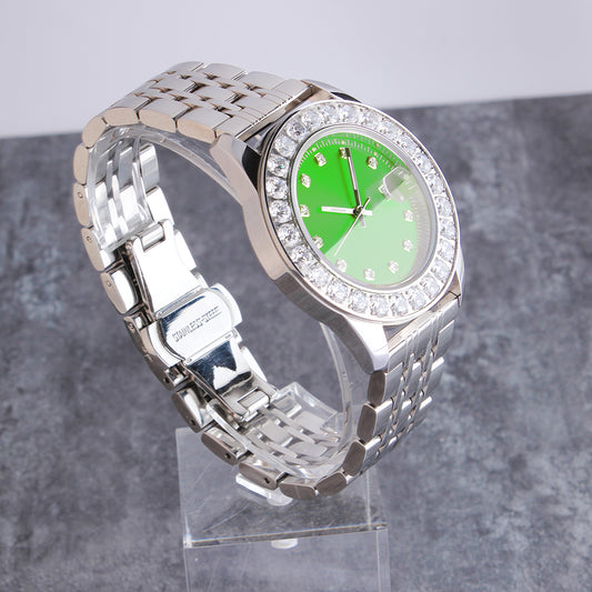 White Gold Plated Green Dial Stainless Steel Diamond Watch