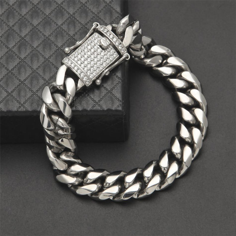 14MM White Gold Plated Stainless Steel Iced Out Miami Cuban Link Bracelet