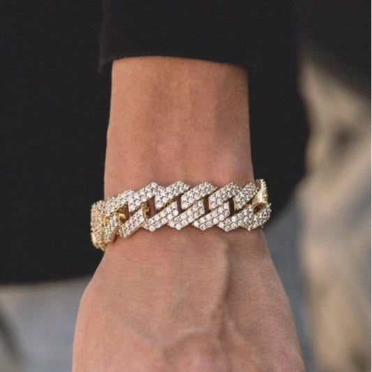 15MM 18K Gold Plated Prong Iced Out Cuban Link Bracelet