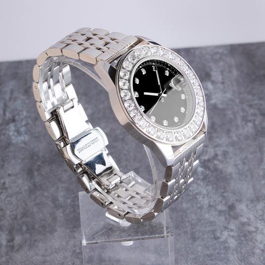 White Gold Plated Black Dial Stainless Steel Diamond Watch