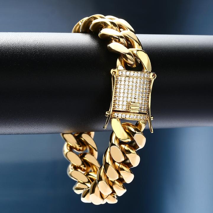 18K Gold Plated Solid Stainless Steel Iced Out Miami Cuban Link Bracelet For Men TRIPOD JEWELRY