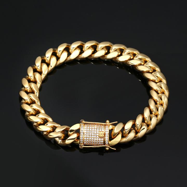 18K Gold Plated Solid Stainless Steel Iced Out Miami Cuban Link Bracelet For Men TRIPOD JEWELRY