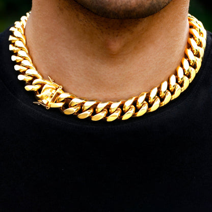 Real 18K Gold Plated Men's Miami Cuban Link Chain Necklace Stainless Steel Tripodjewelry