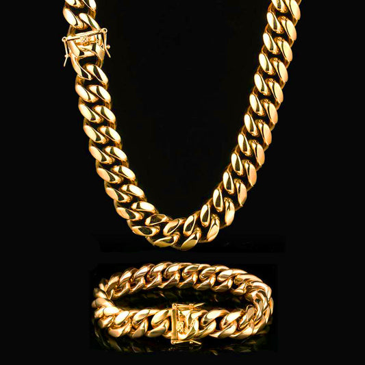 18MM 18K Gold Plated Miami Cuban Link Chain And Bracelet  Set