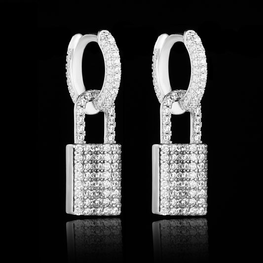 White Gold Iced Out Lock Earrings