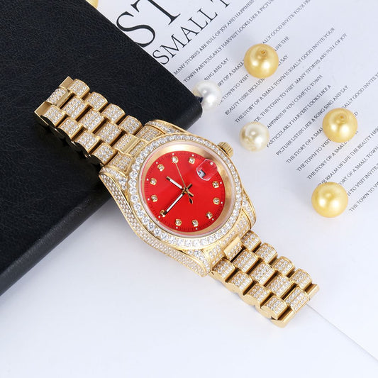 18K Gold Plated Red Dial Stainless Steel Iced Out Watch