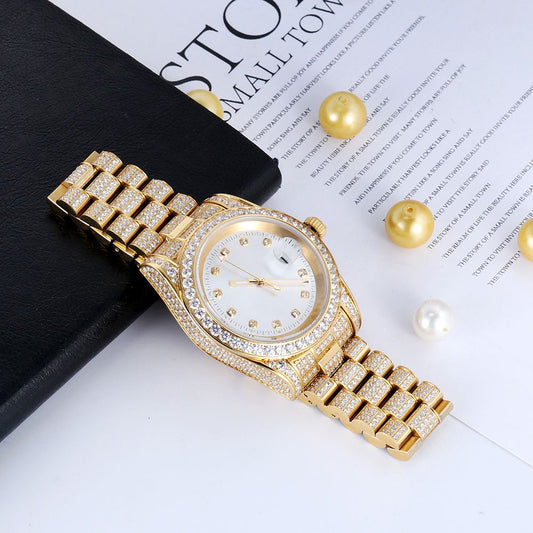 18K Gold Plated White Dial Stainless Steel Iced Out Watch