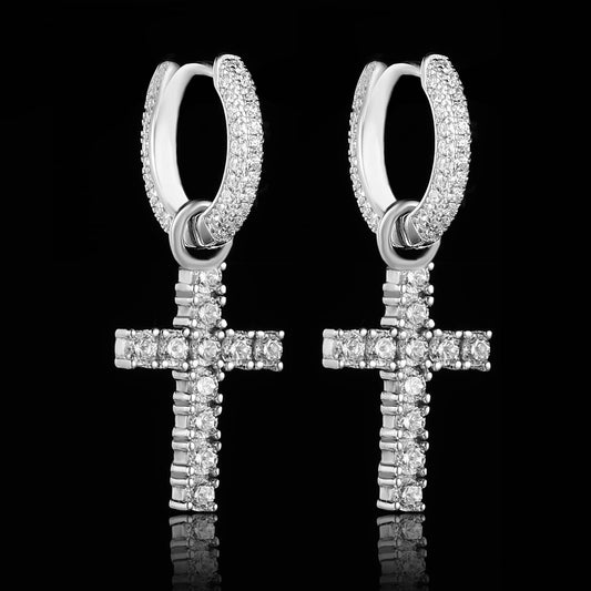 White Gold Iced Out Cross Earrings