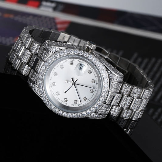 White Gold Plated White Dial Stainless Steel Diamond Watch