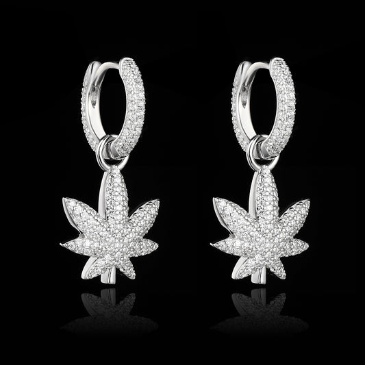 White Gold Iced Out Leaf Earrings