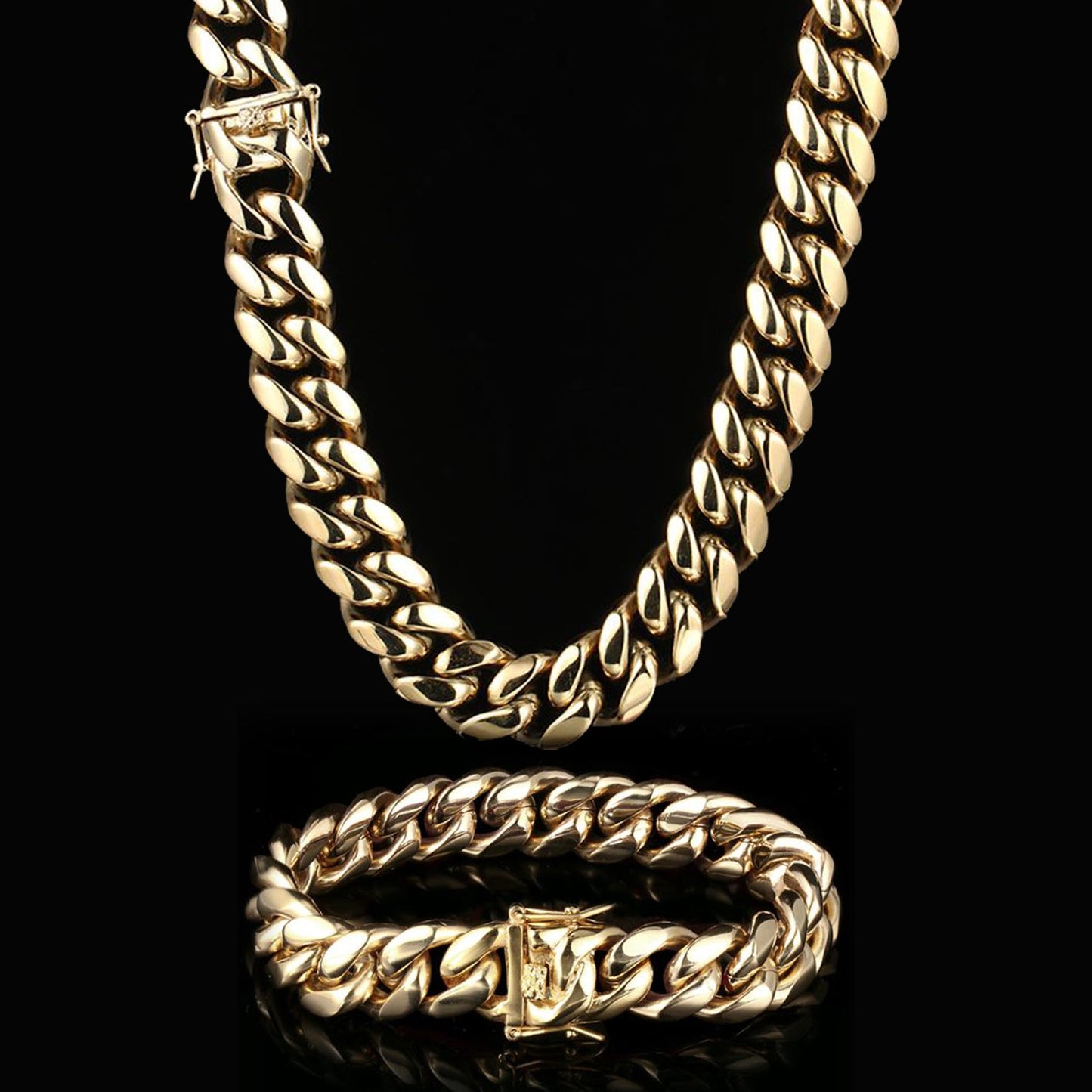 18MM 14K Gold Plated Miami Cuban Link Chain And Bracelet Set Tripodjewelry