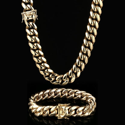 18MM 14K Gold Plated Miami Cuban Link Chain And Bracelet Set Tripodjewelry