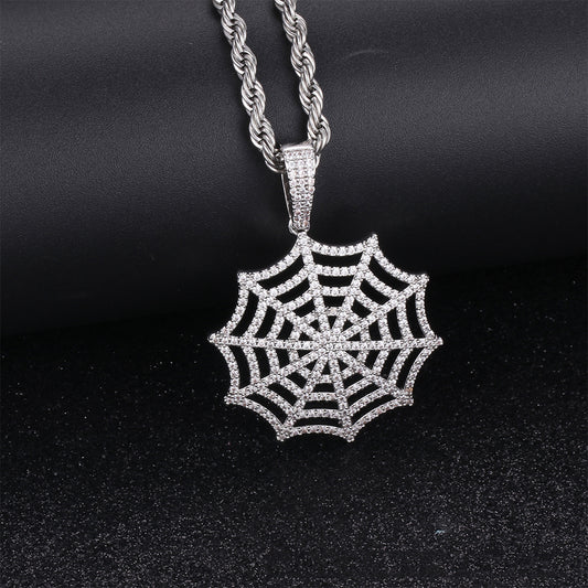 White Gold Plated Iced Out Spider Web Pendant