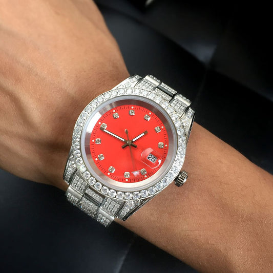 White Gold Plated Red Dial Stainless Steel Diamond Watch