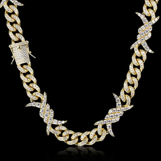 10MM 14K Gold Plated Iced Out Barb Wire Cuban Link Chain Necklace