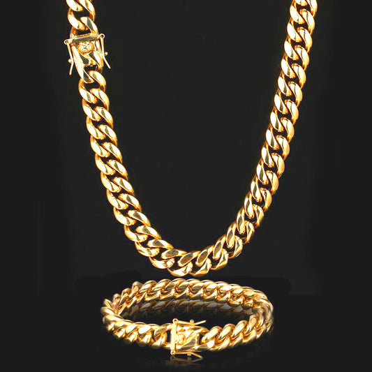 12MM 18K Gold Plated Miami Cuban Link Chain And Bracelet  Set