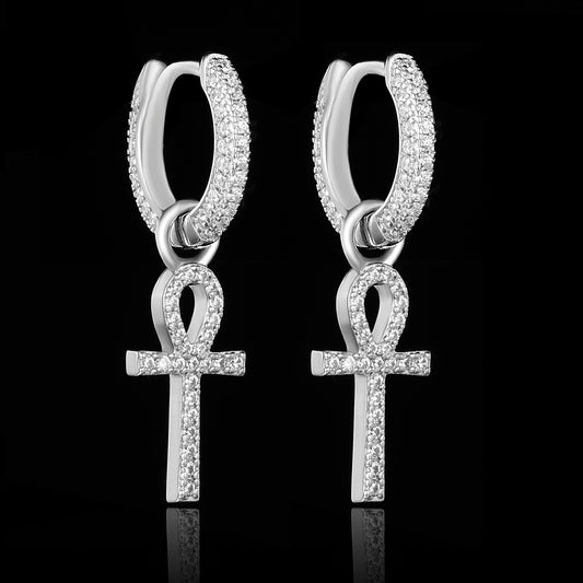 White Gold Iced Out Ankh Cross Earrings