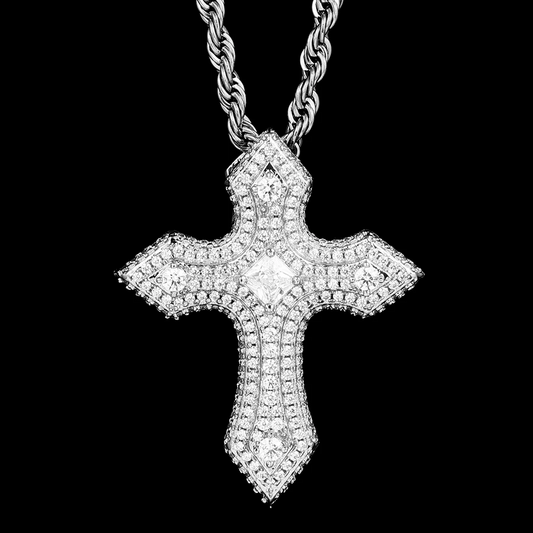 White Gold Clustered Iced Out Cross Pendant