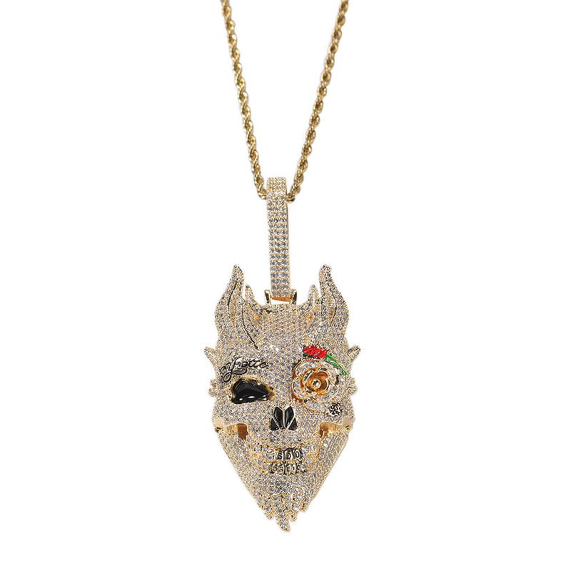 Iced Out Diamond Rose Skull Pendant